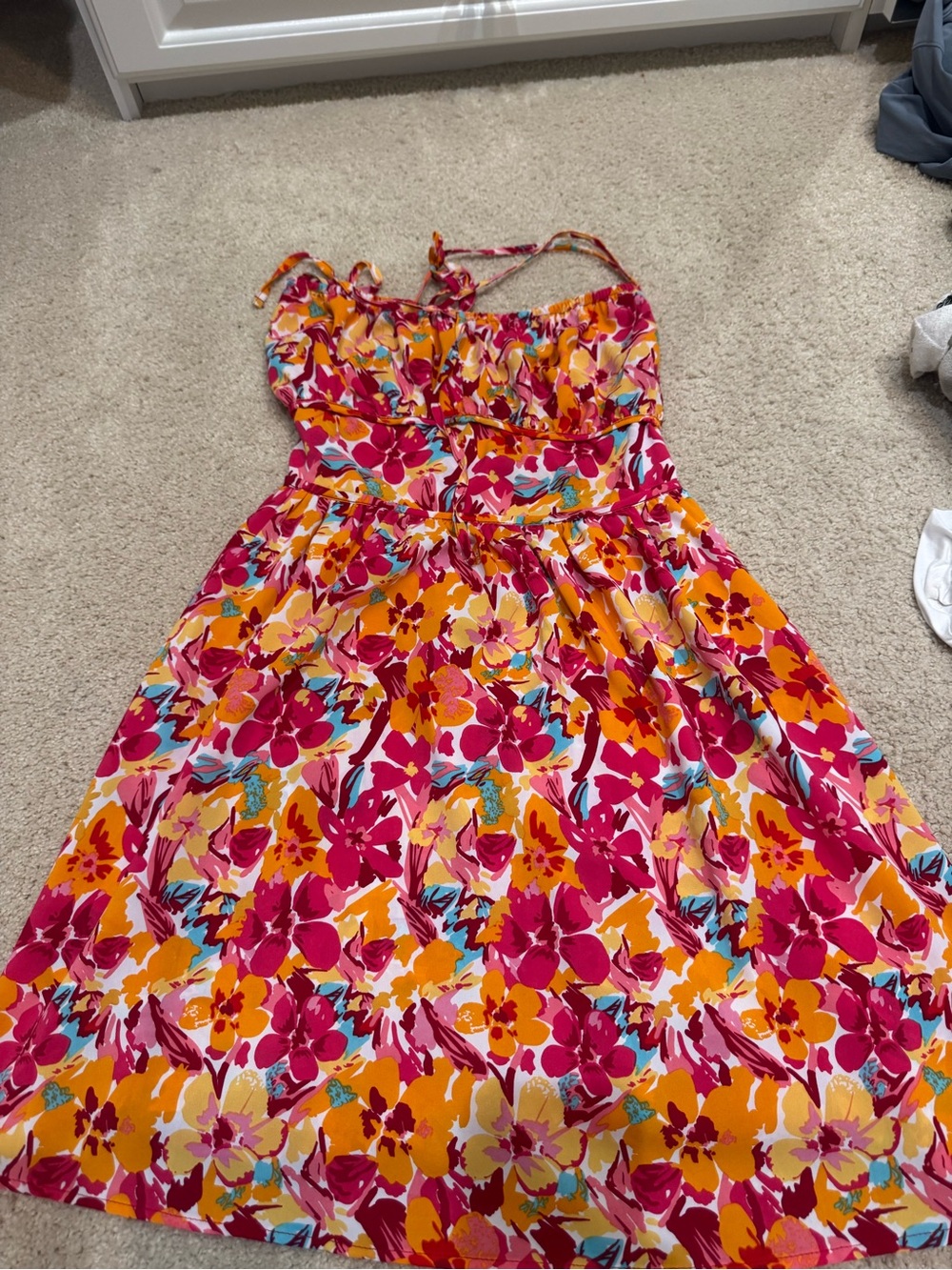 SHEIN Pink & Orange Floral Tie-Strap Casual Dress